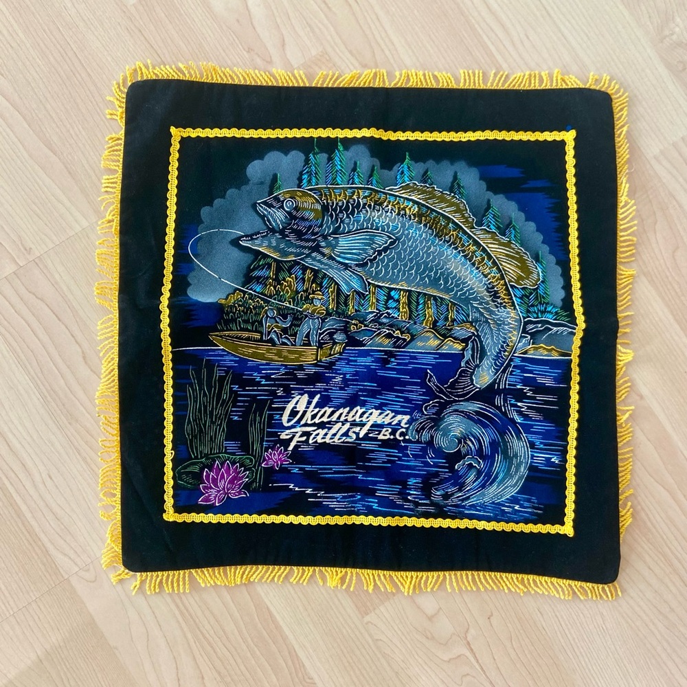 Vintage Souvenir Painted Velvet Throw Pillow Case Fishing Okanagan Falls BC